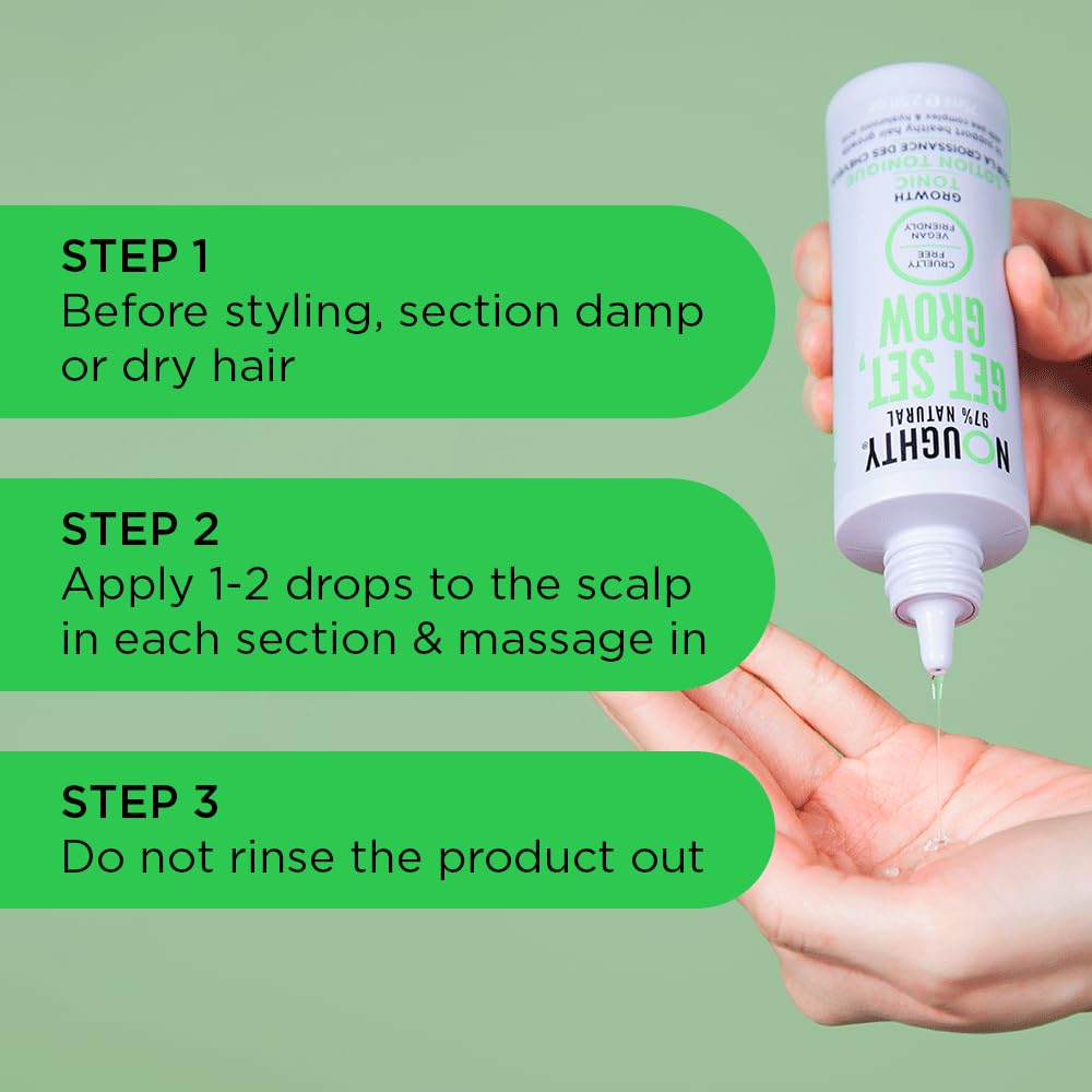 Noughty Get Set Grow scalp tonic application bottle showcasing hyaluronic acid ingredients