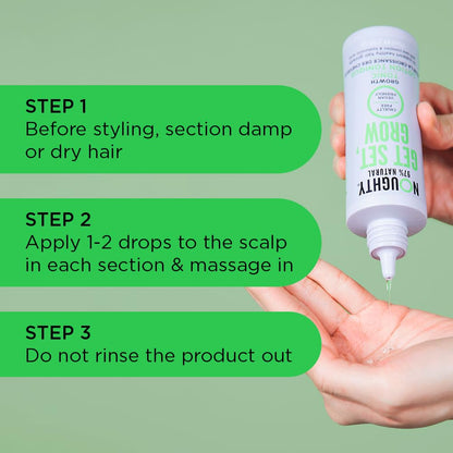 Noughty Get Set Grow scalp tonic application bottle showcasing hyaluronic acid ingredients