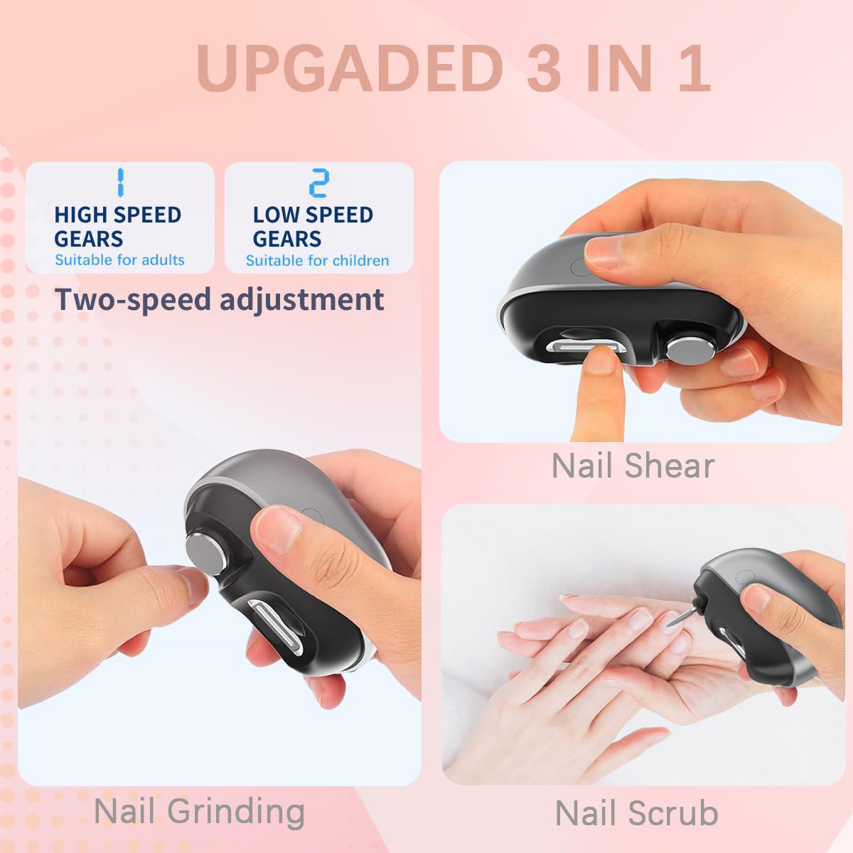 Side profile of gray and black Spwkr electric nail file