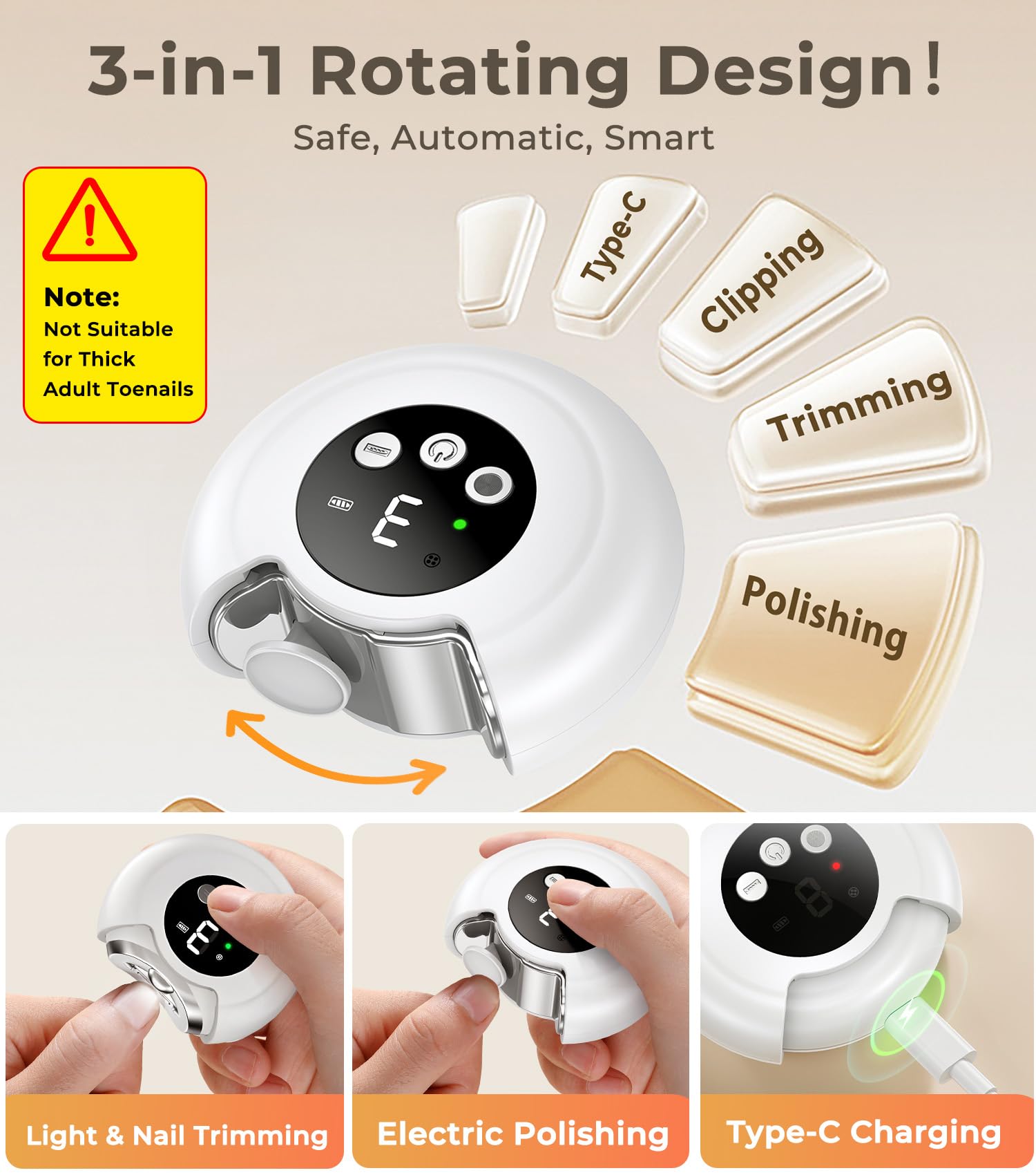 Miniso automatic nail trimmer showing LED light feature