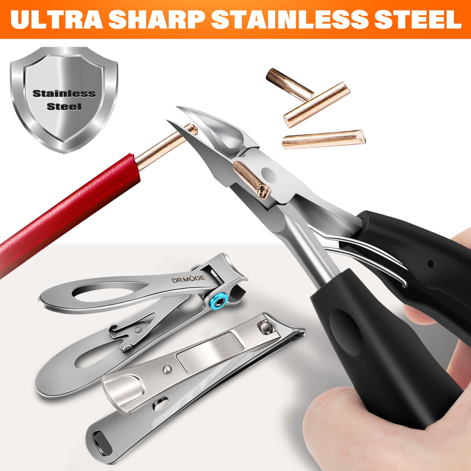 DRMODE toenail clippers demonstrating precision slanted blade
