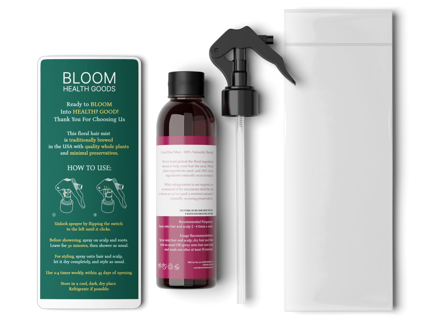 Natural paraben free hair mist bottle with spray pump applicator.