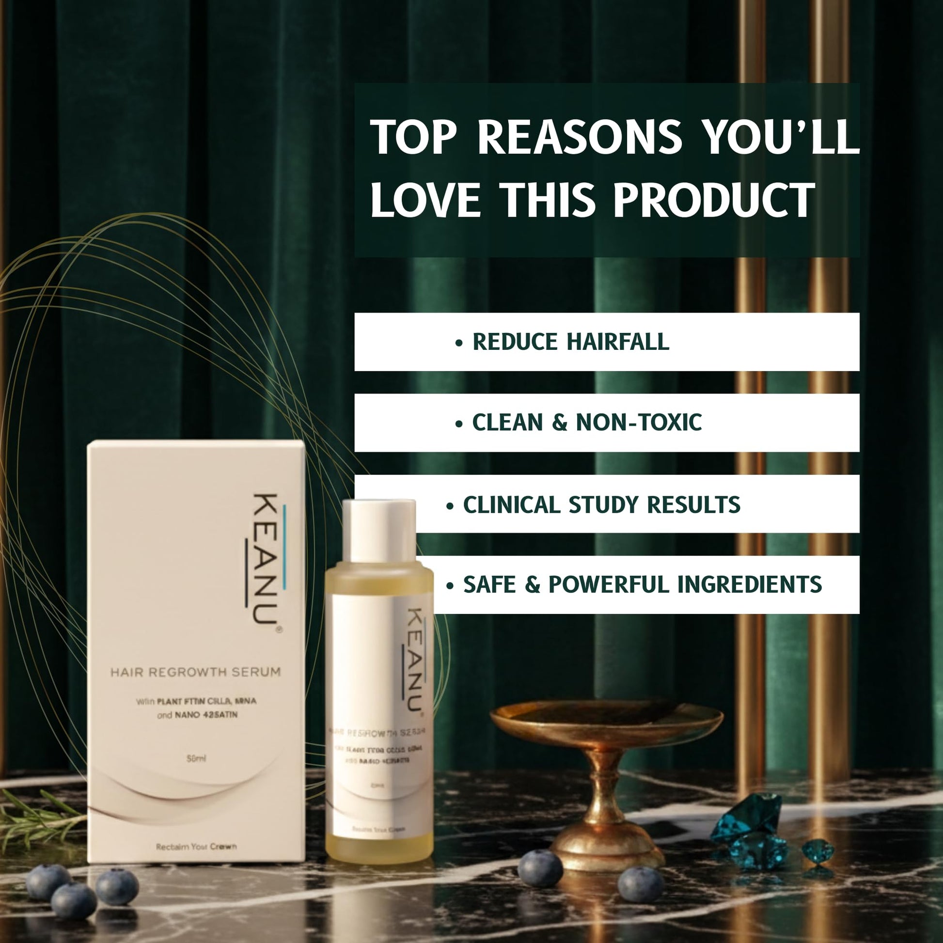 Keanu advanced non minoxidil anti hairfall serum text details showing key active ingredients
