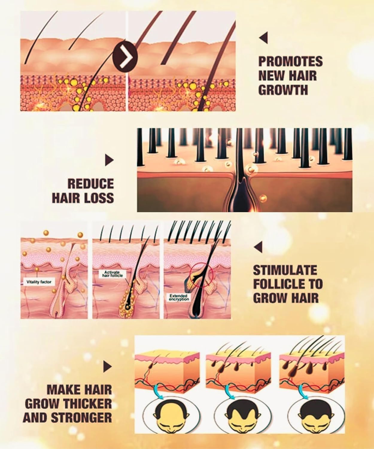 Before and after concept of thinning hair strengthened by Hangover Hack organic growth serum treatment.