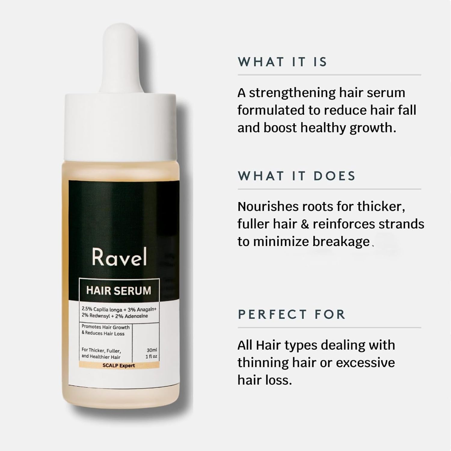 Ravel scalp treatment serum packaging with Capilia Longa and Redensyl details