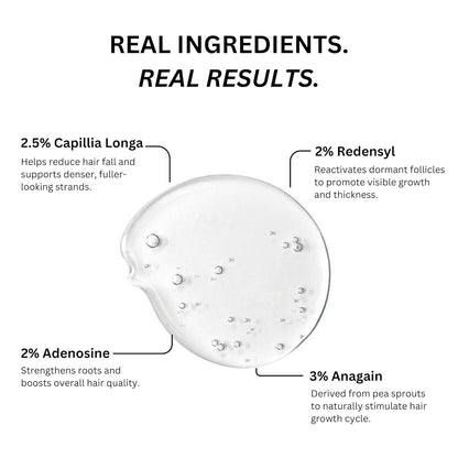 Close up of Ravel Advanced Hair Serum bottle highlighting premium ingredients