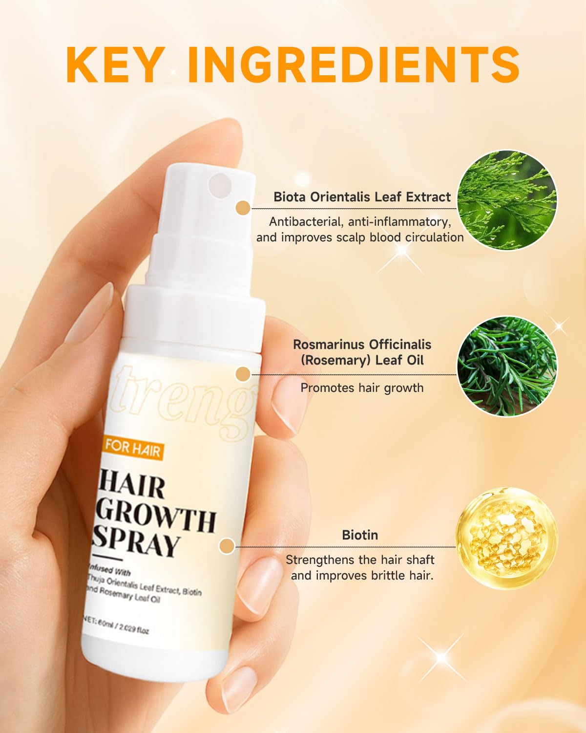 Gawysbm hair growth spray bottle displayed next to fresh rosemary leaves representing natural ingredients