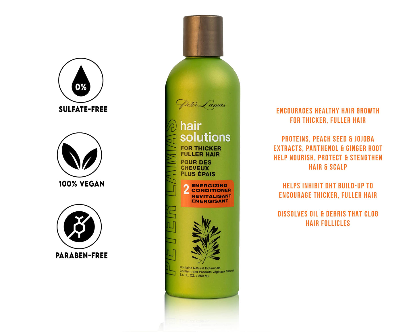 Peter Lamas Hair Solutions duo bottles showcasing vegan and sulfate-free ingredients for thicker hair