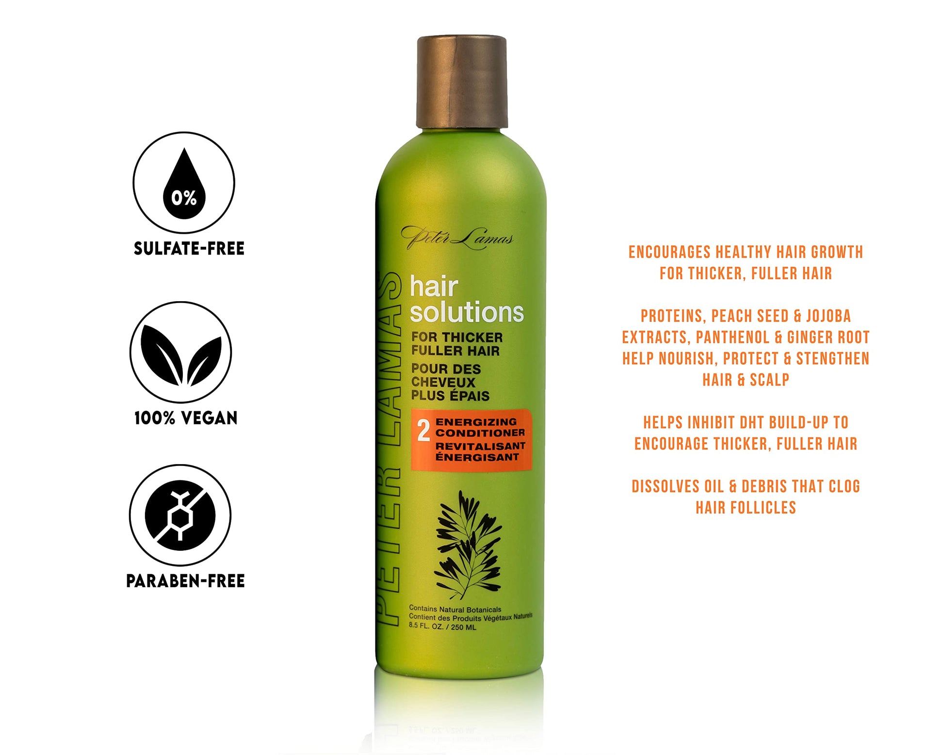 Peter Lamas Hair Solutions duo bottles showcasing vegan and sulfate-free ingredients for thicker hair