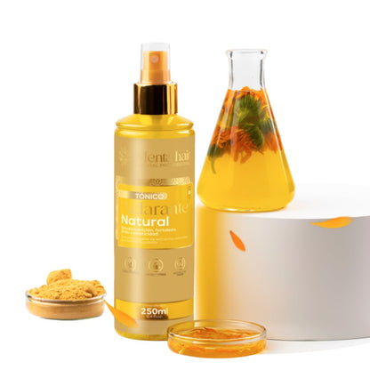 Isarena Beautyline's Menta Hair TÃ³nico Aclarante packaging detailing clean vegan ingredients and application steps
