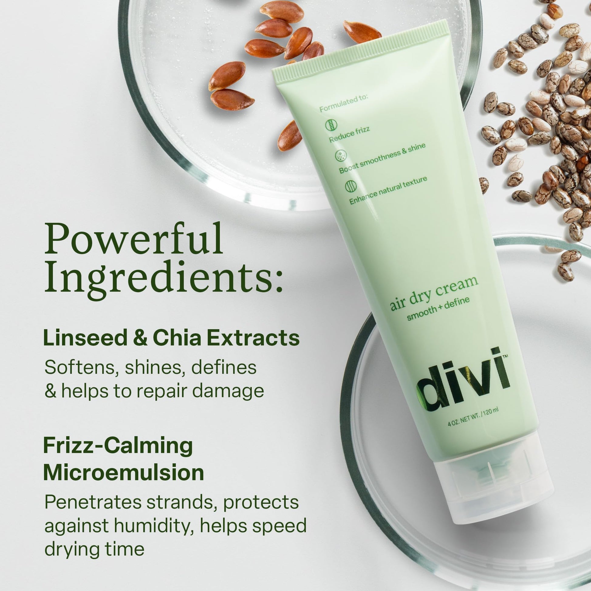Divi Air Dry Cream tube for heatless hair styling and frizz control