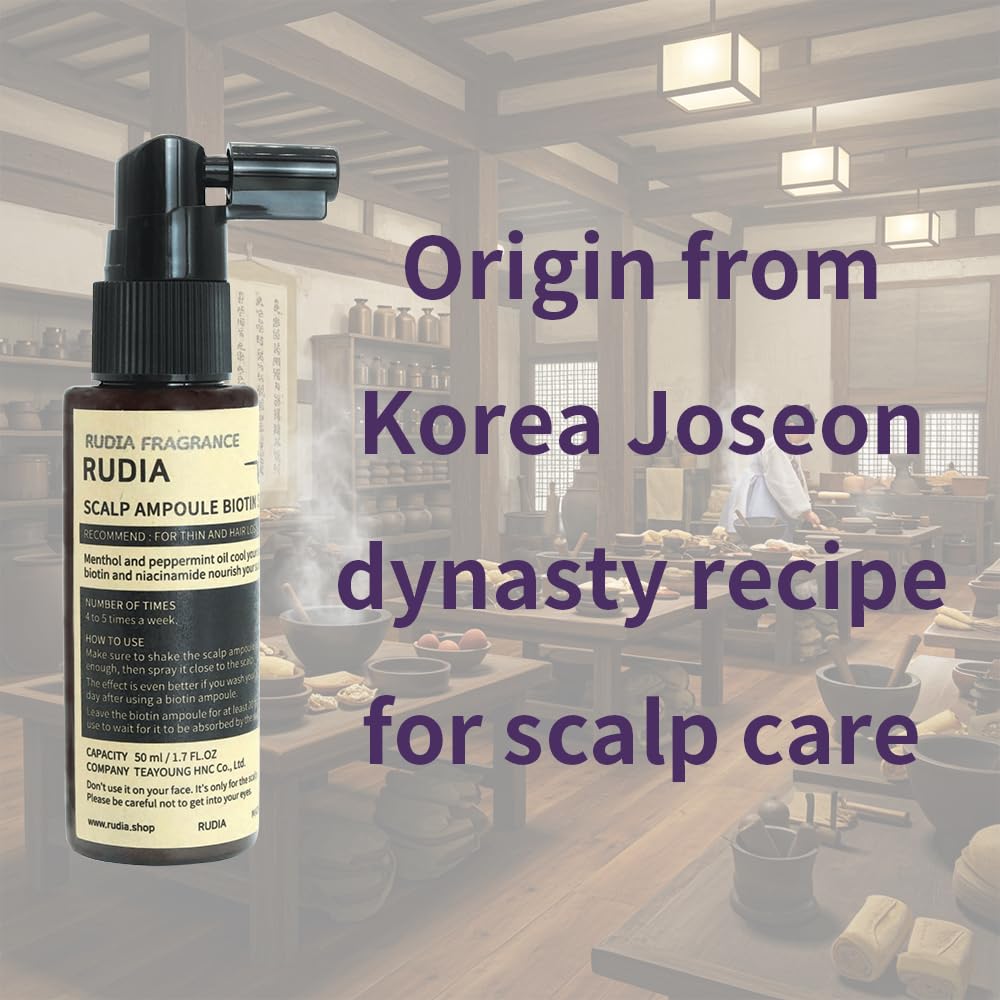 Korean biotin hair serum packaging detailing the volumizing and nourishing formula