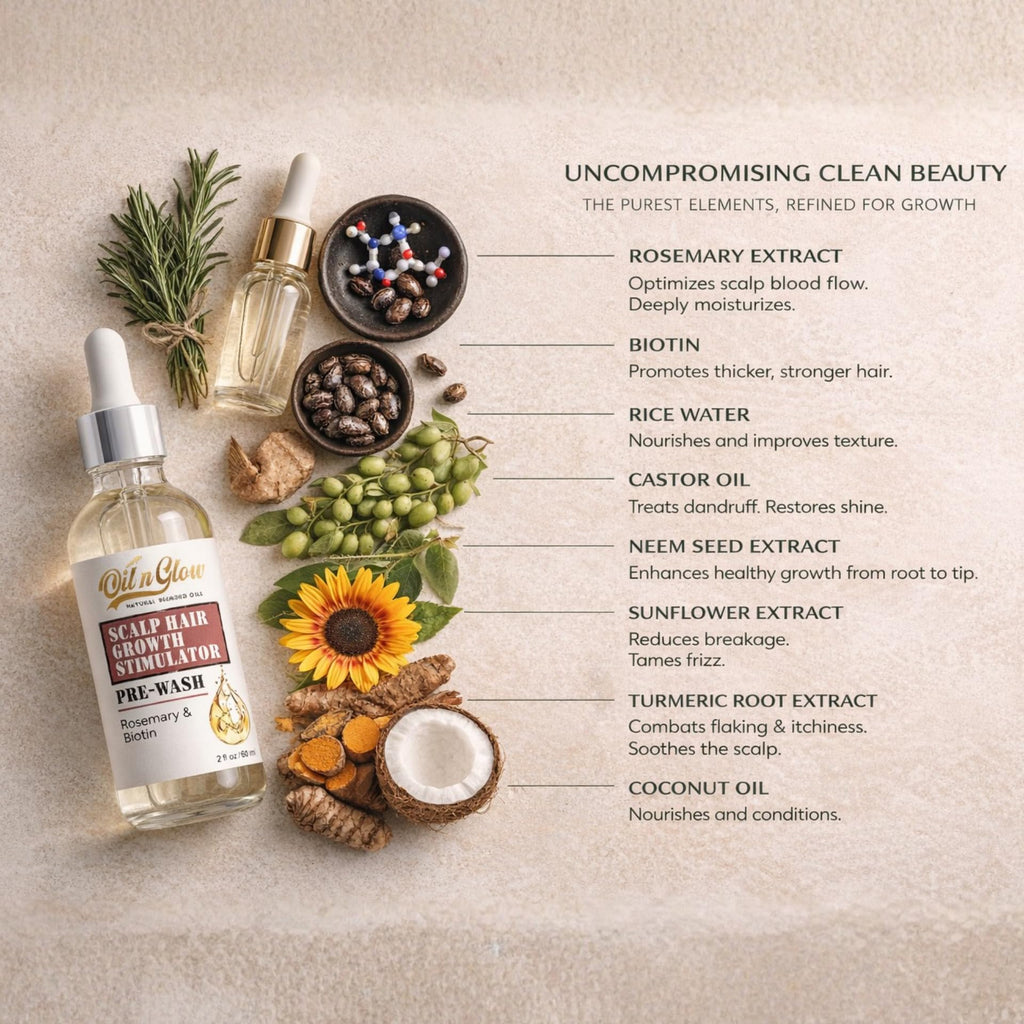OilnGlow scalp oil bottle showing organic rosemary and biotin label