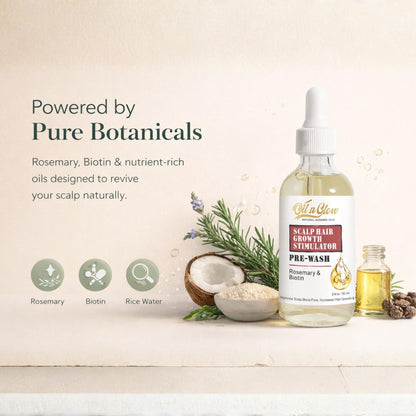 OilnGlow 9-in-1 hair growth treatment bottle alongside fresh rosemary leaves