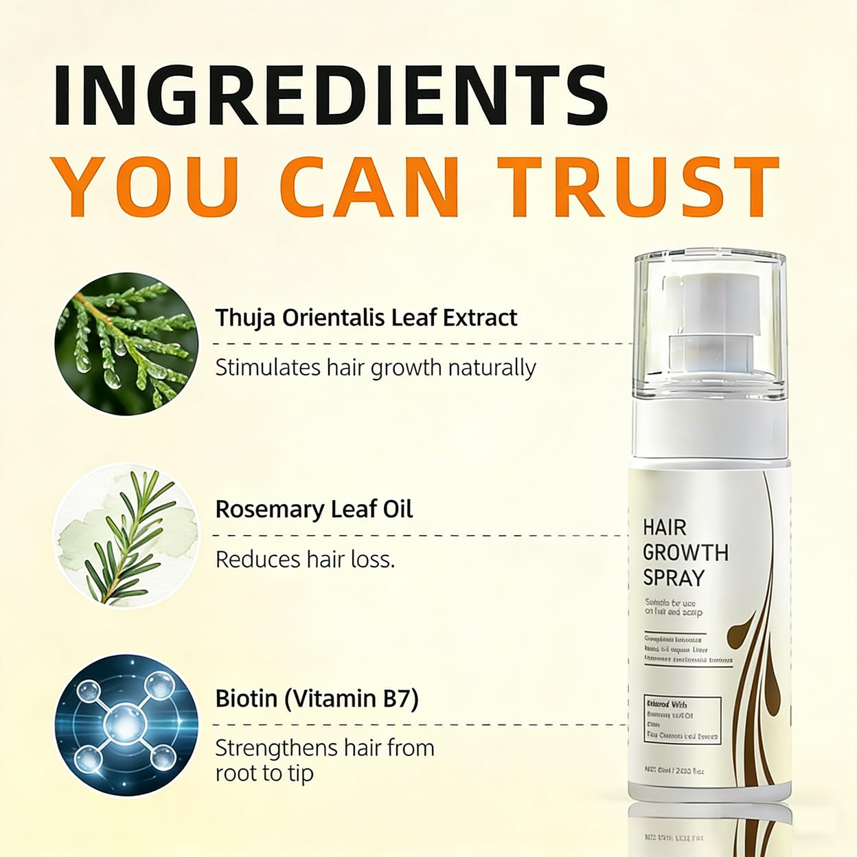 Close up of the non-greasy hair growth spray container showcasing the premium packaging.