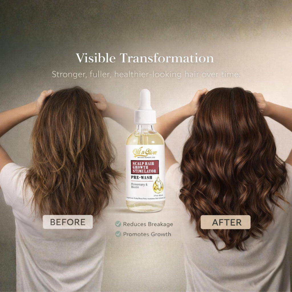 OilnGlow organic hair oil placed next to its protective carton