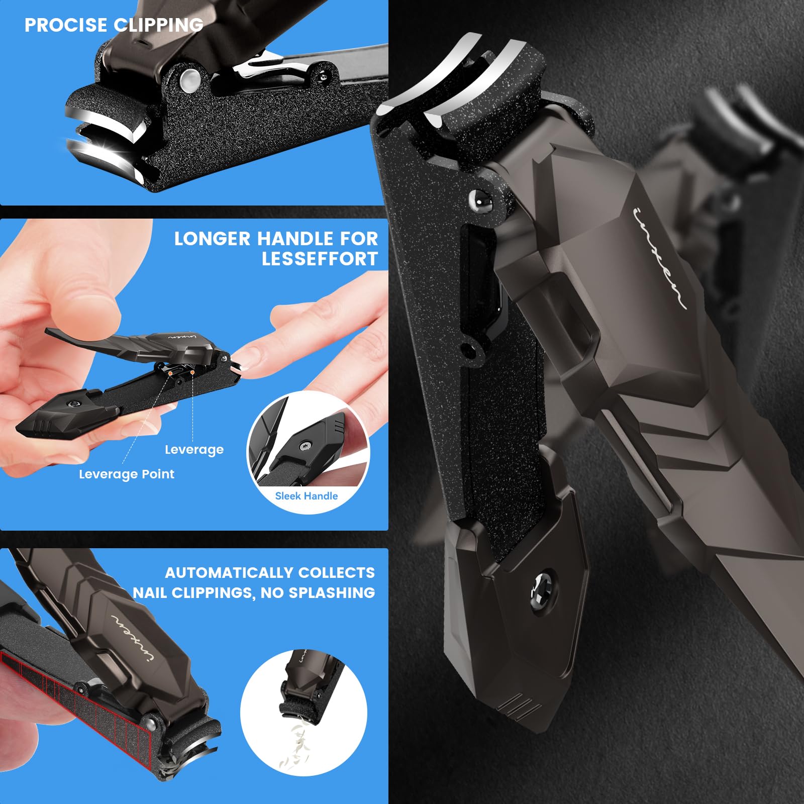 Inxen matte black textured handle nail clipper