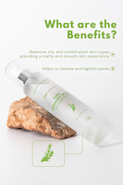 Bade Natural rosemary water spray label showing ingredients and USA import details