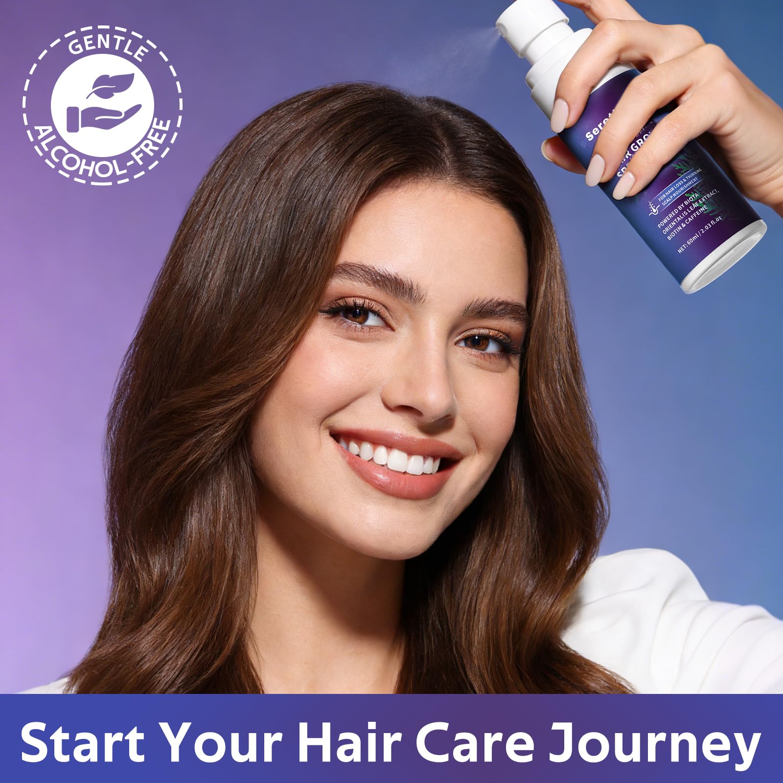 Serethique anti hair loss spray showcasing rosemary oil and biotin ingredients.