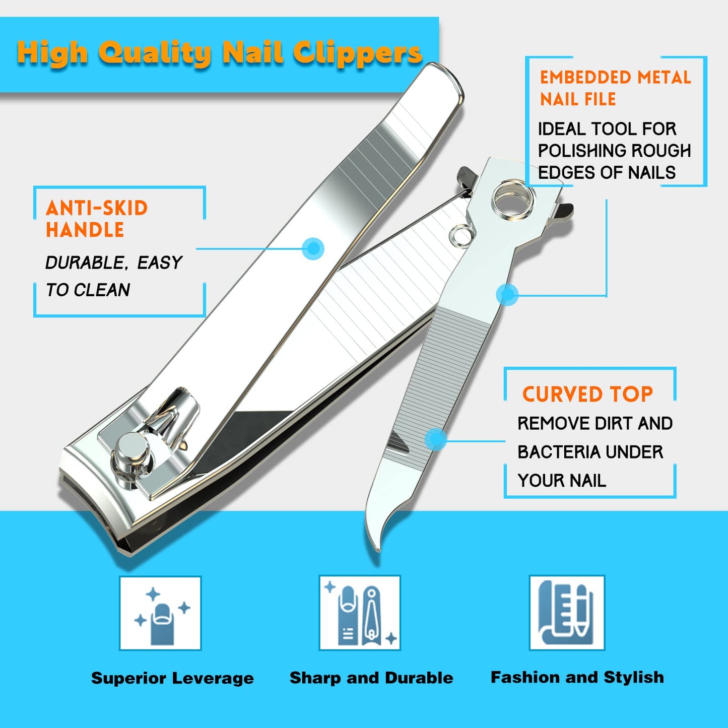 Ergonomic stainless steel fingernail and toenail cutter