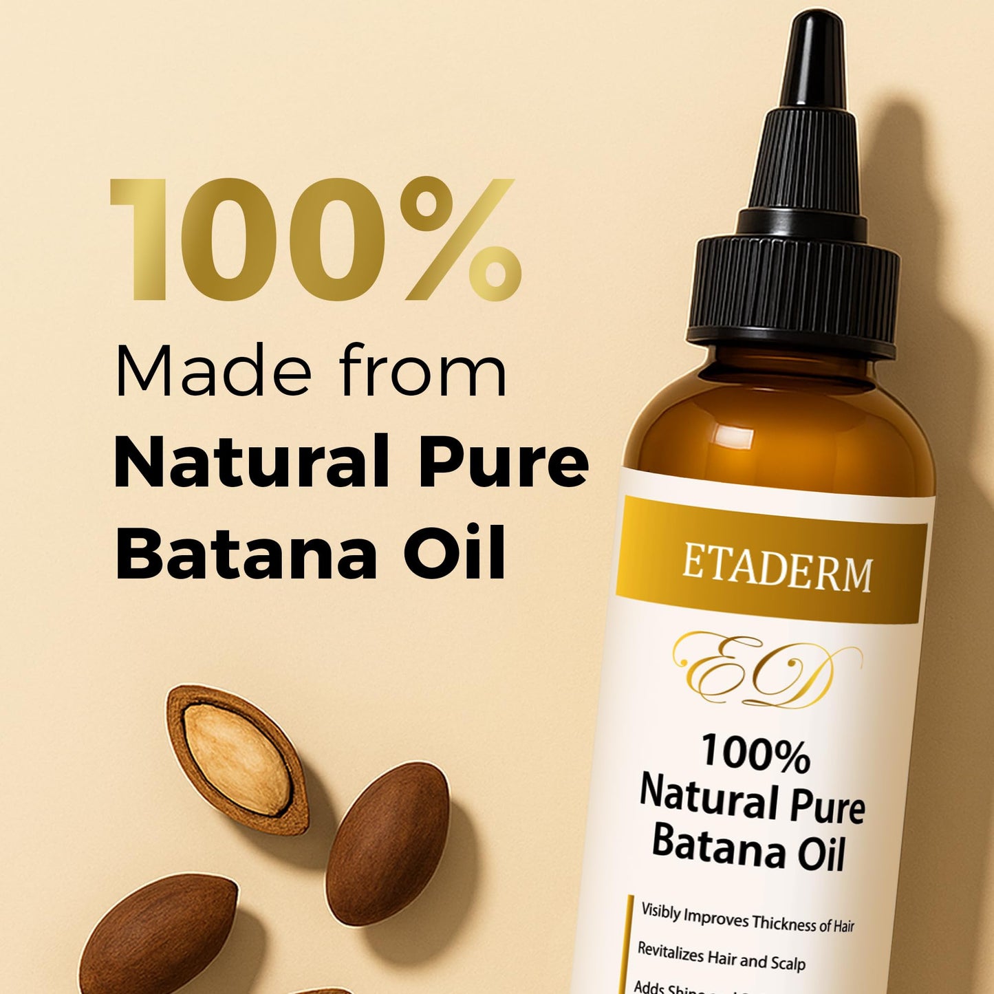 ETADERM natural unrefined hair growth solution bottle with focus on the product benefits label.