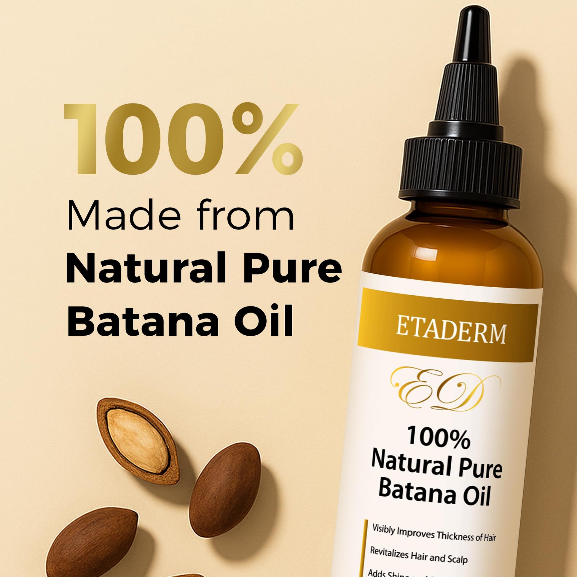 ETADERM natural unrefined hair growth solution bottle with focus on the product benefits label.