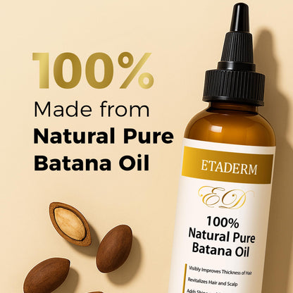 ETADERM natural unrefined hair growth solution bottle with focus on the product benefits label.