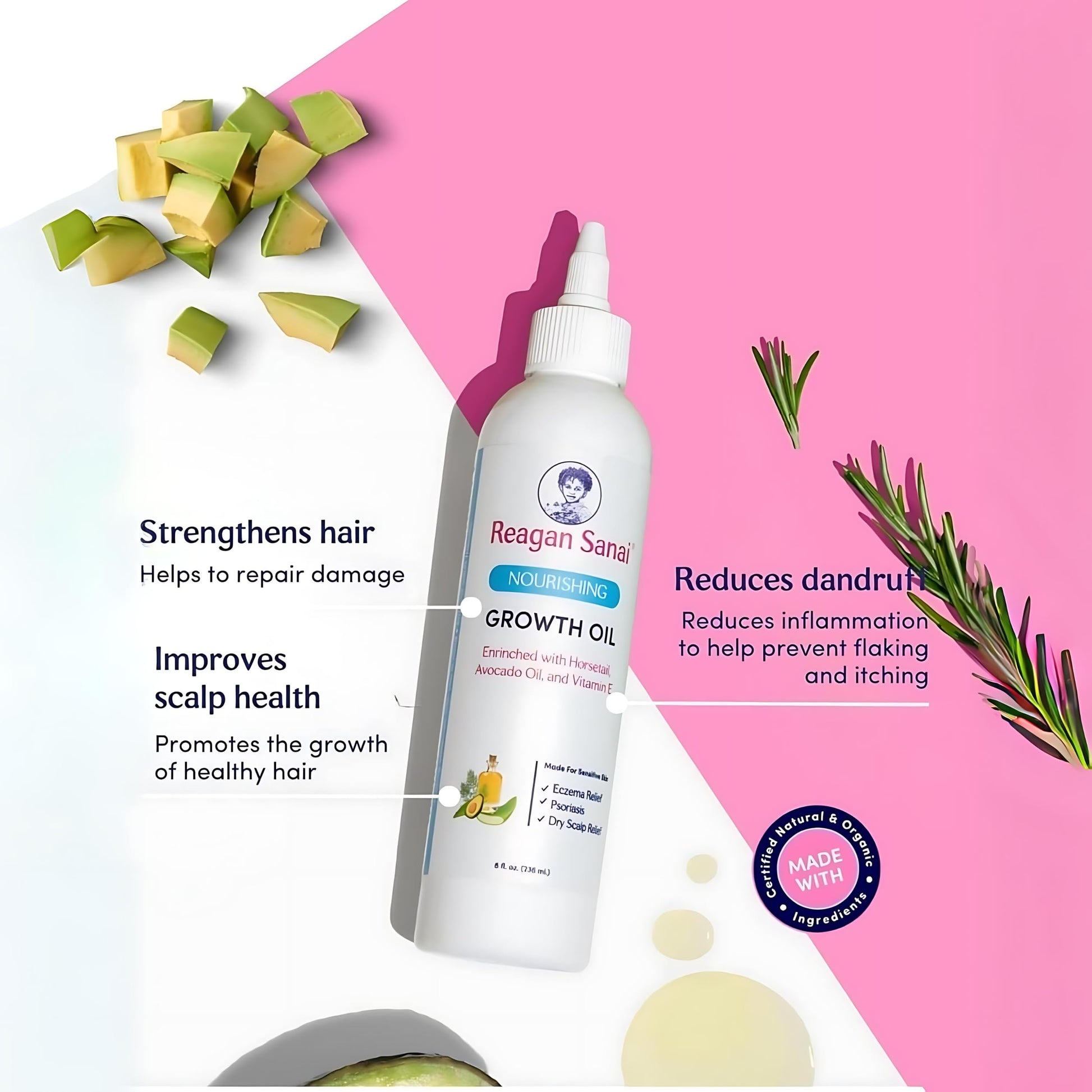 Reagan Sanai organic essential hair regrowth oil packaging highlighting herbal ingredients