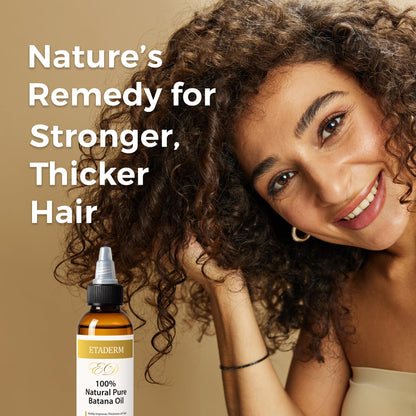 Close up of ETADERM 100 percent natural pure batana oil container showcasing ingredients.