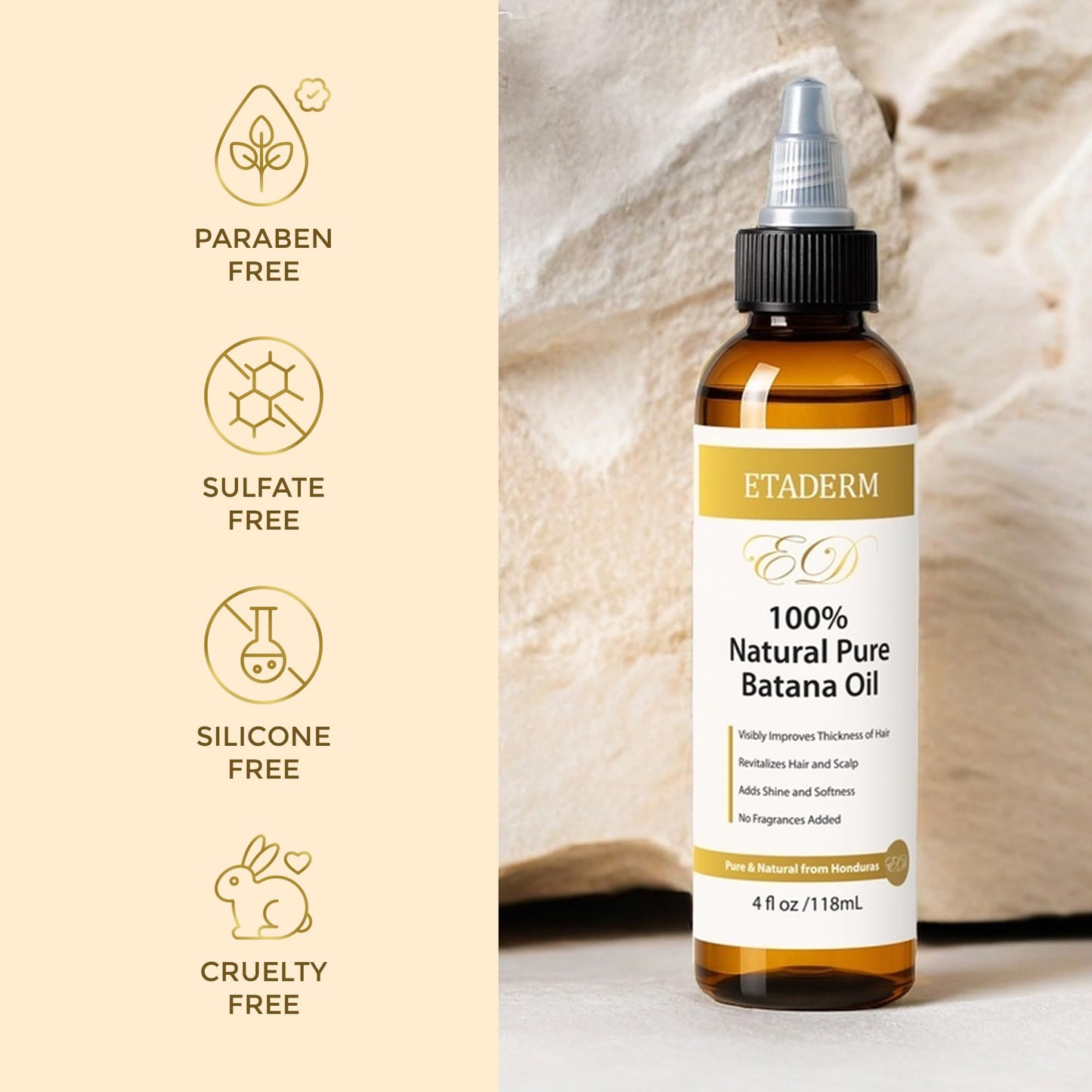 ETADERM raw batana oil packaging highlighting its vitamin E and antioxidant rich formula.