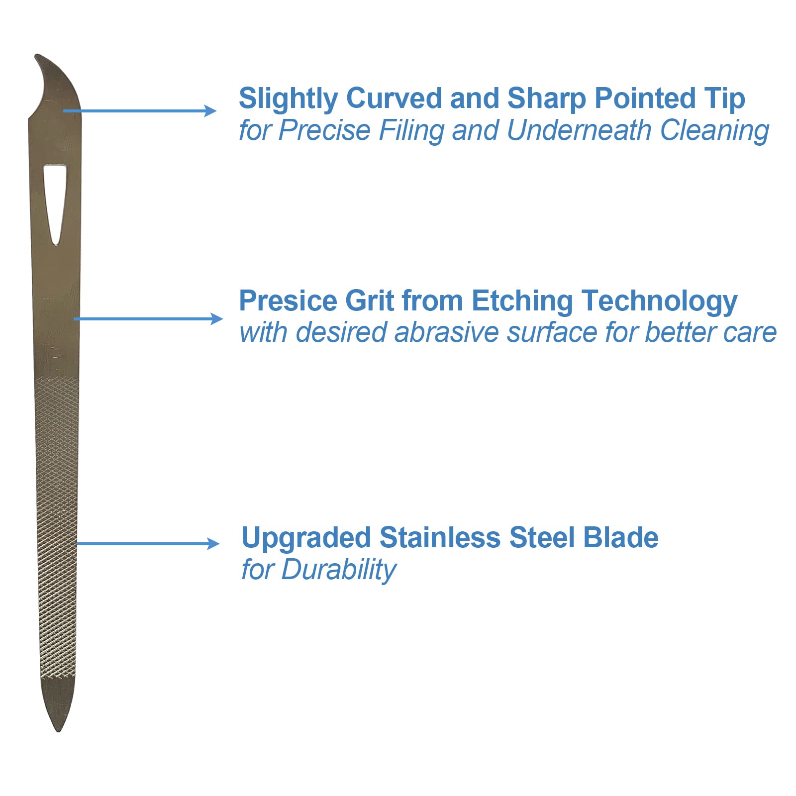 Close up of AhaTopia nail file sharp pointed cleaner tip