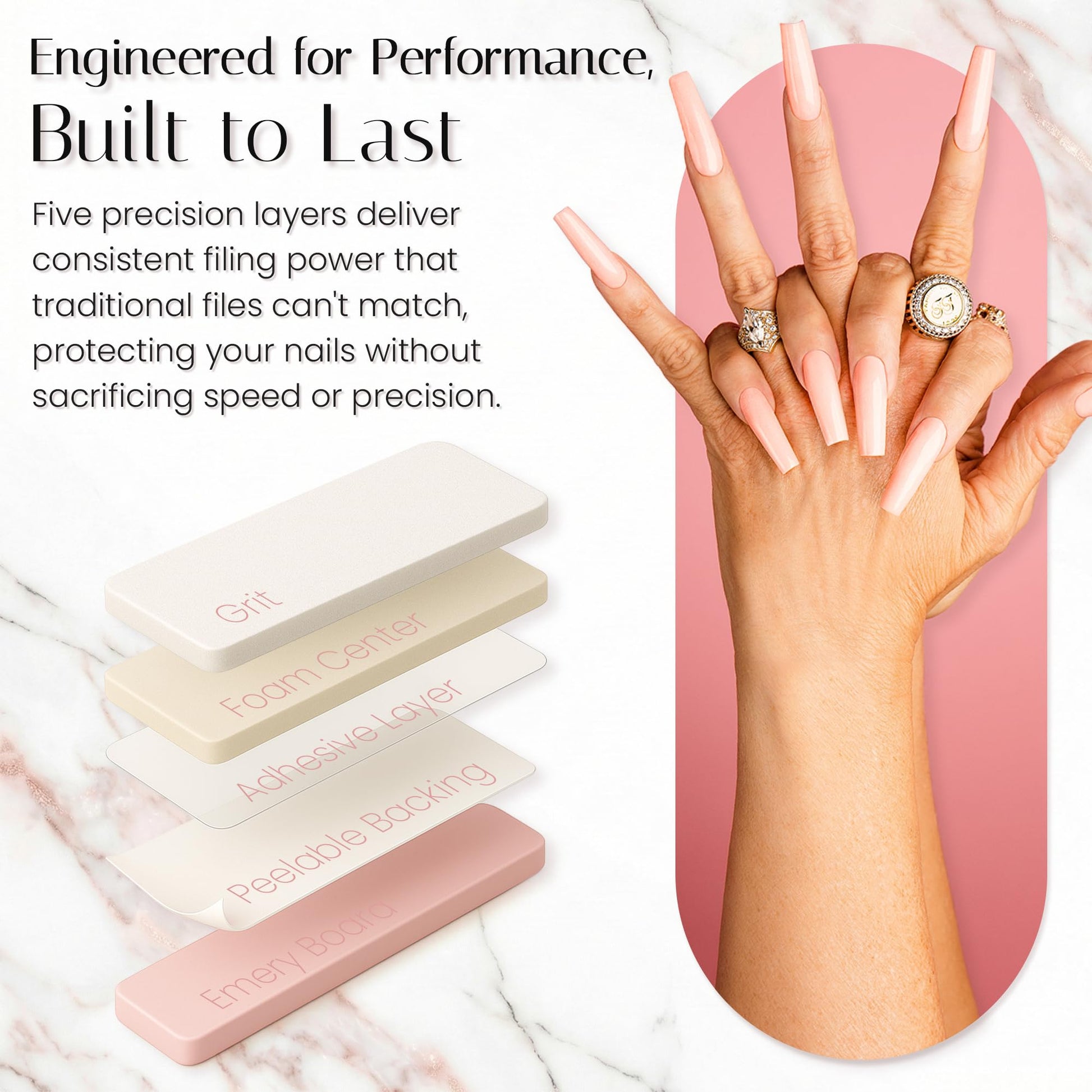 Application demonstration of peel and stick nail file on emery board