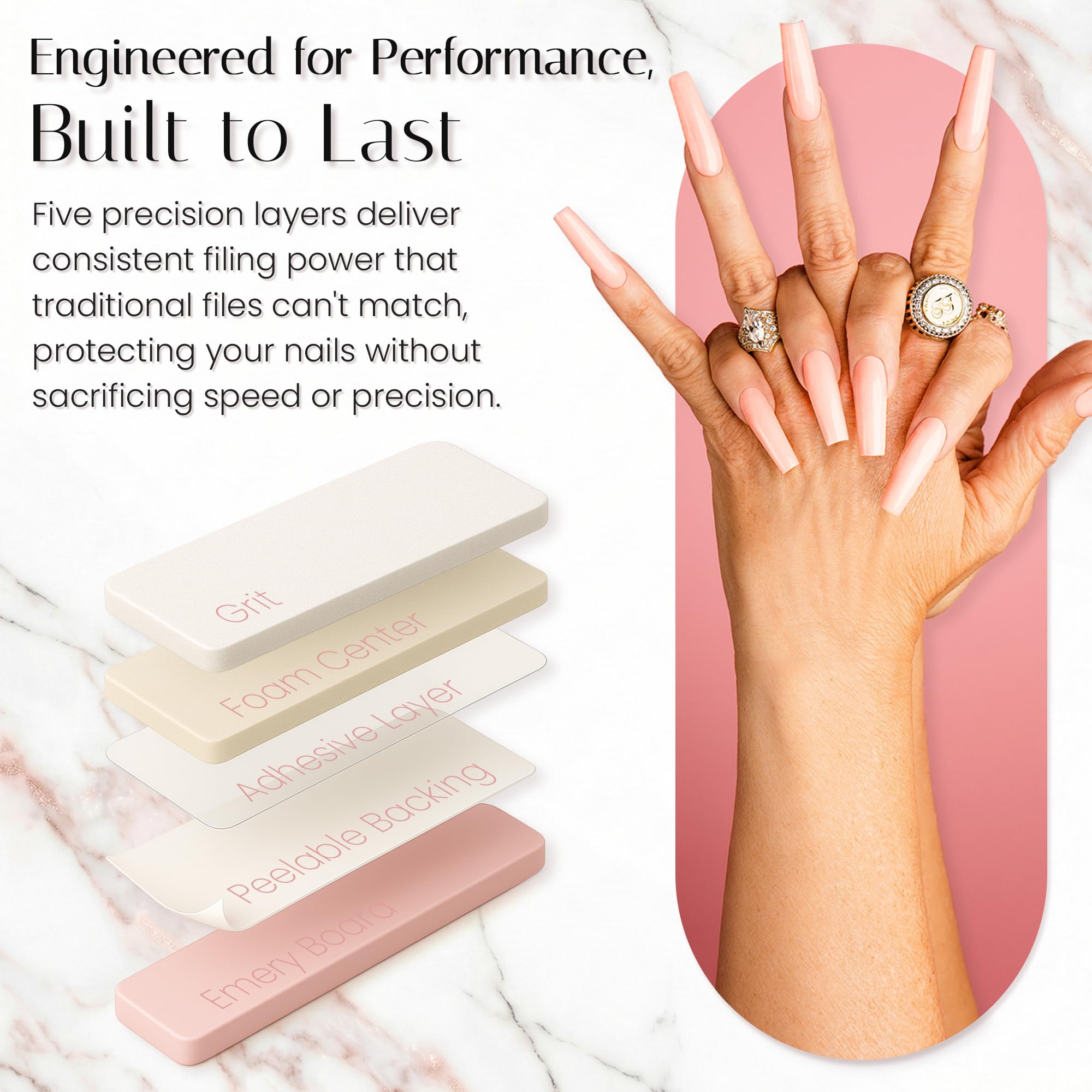 Application demonstration of peel and stick nail file on emery board