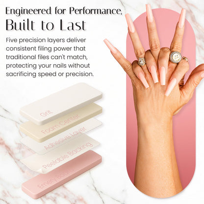 Application demonstration of peel and stick nail file on emery board