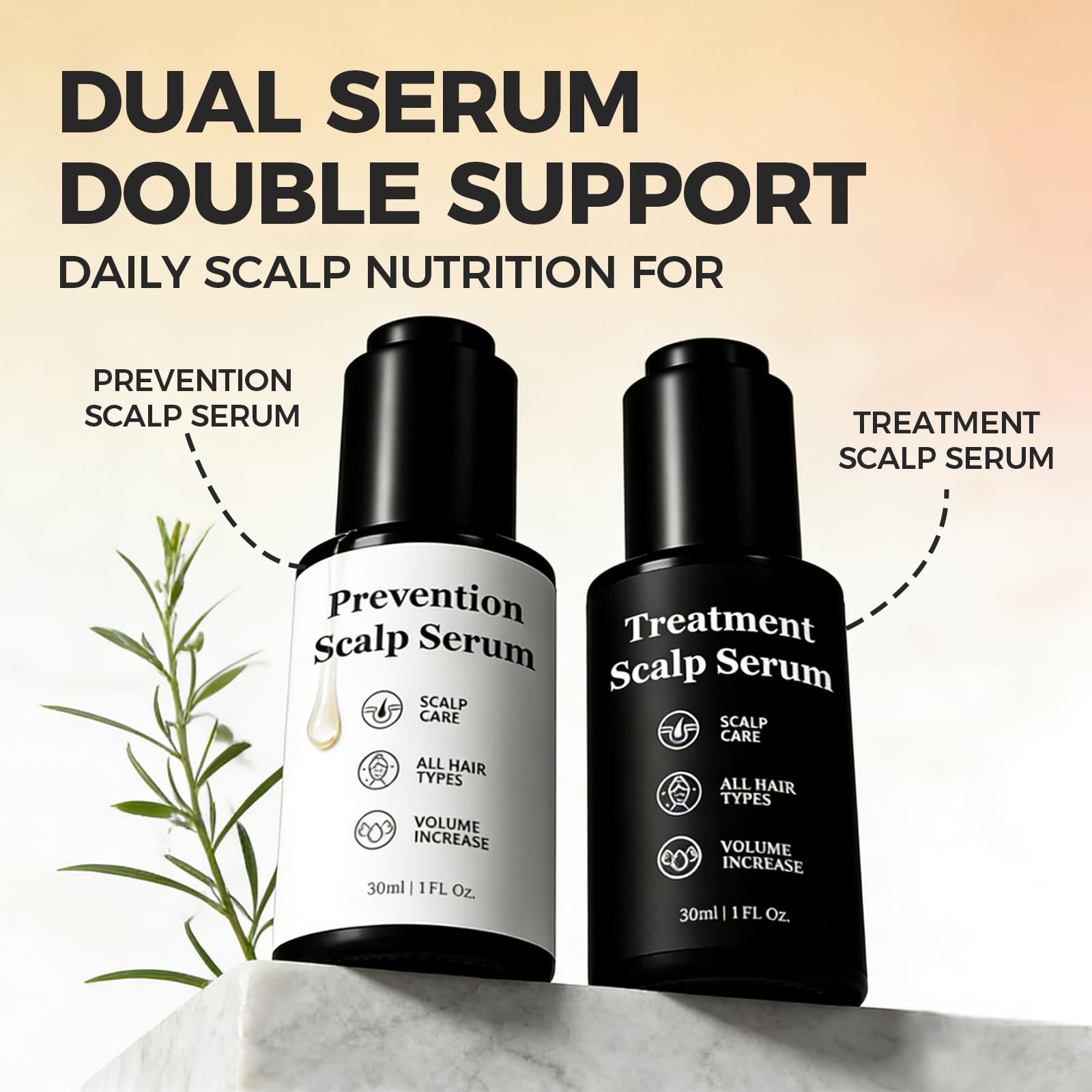 Plant based scalp care formula bottles showing product labels and fluid ounce size details.