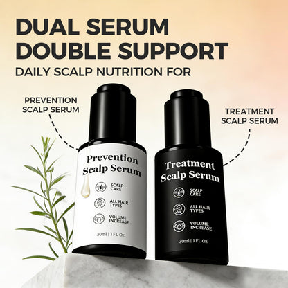 Plant based scalp care formula bottles showing product labels and fluid ounce size details.
