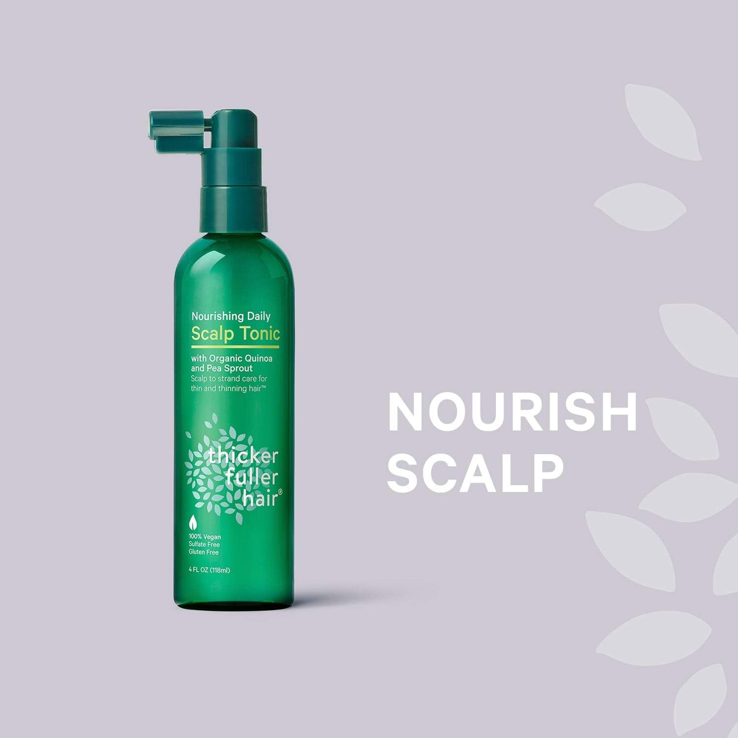 Green spray bottle of Thicker Fuller Hair volumizing tonic highlighting the 4 fluid ounce size