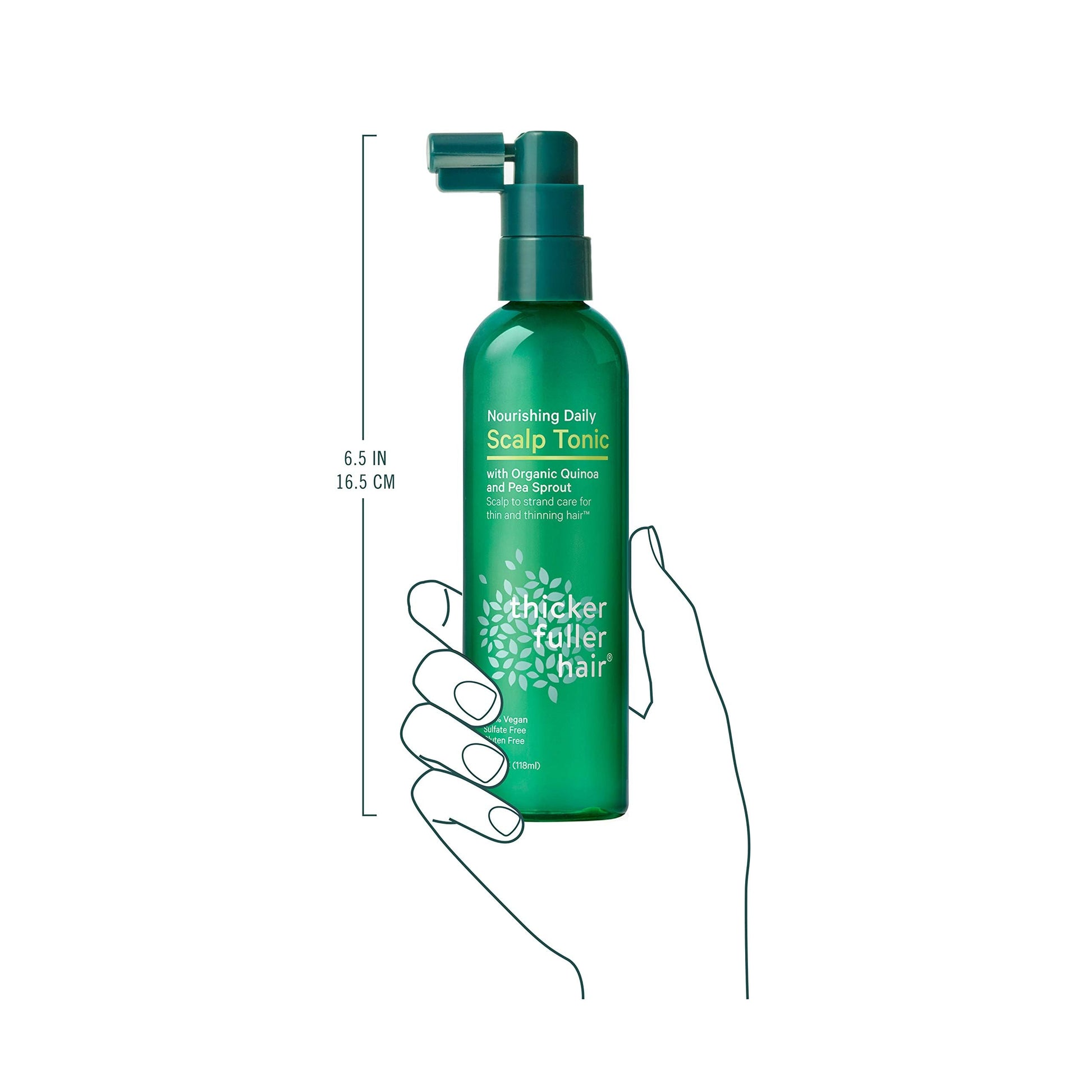 Side view of Thicker Fuller Hair premium hair loss solutions tonic bottle for fine hair types
