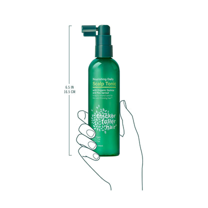 Side view of Thicker Fuller Hair premium hair loss solutions tonic bottle for fine hair types