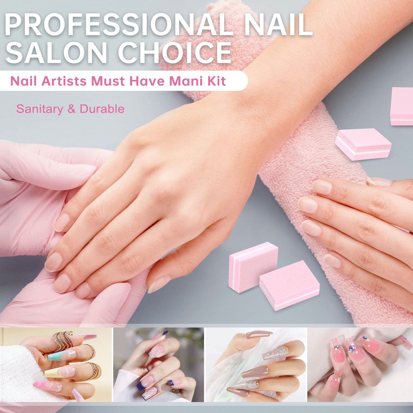 Pink sponge nail buffers arranged for retail display