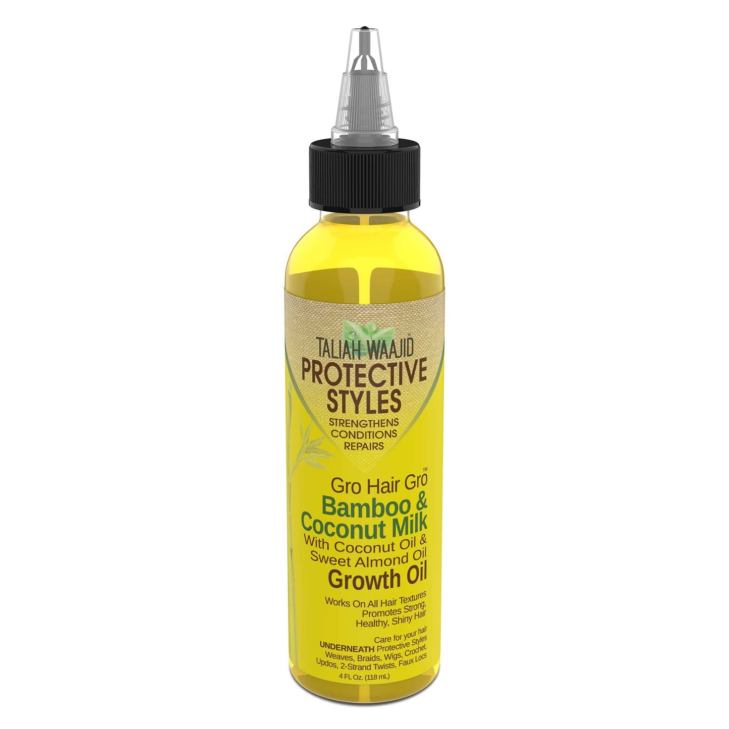Close up view of the lightweight Taliah Waajid protective styles hair oil formula highlighting its nourishing botanical ingredients.
