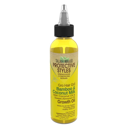 Close up view of the lightweight Taliah Waajid protective styles hair oil formula highlighting its nourishing botanical ingredients.