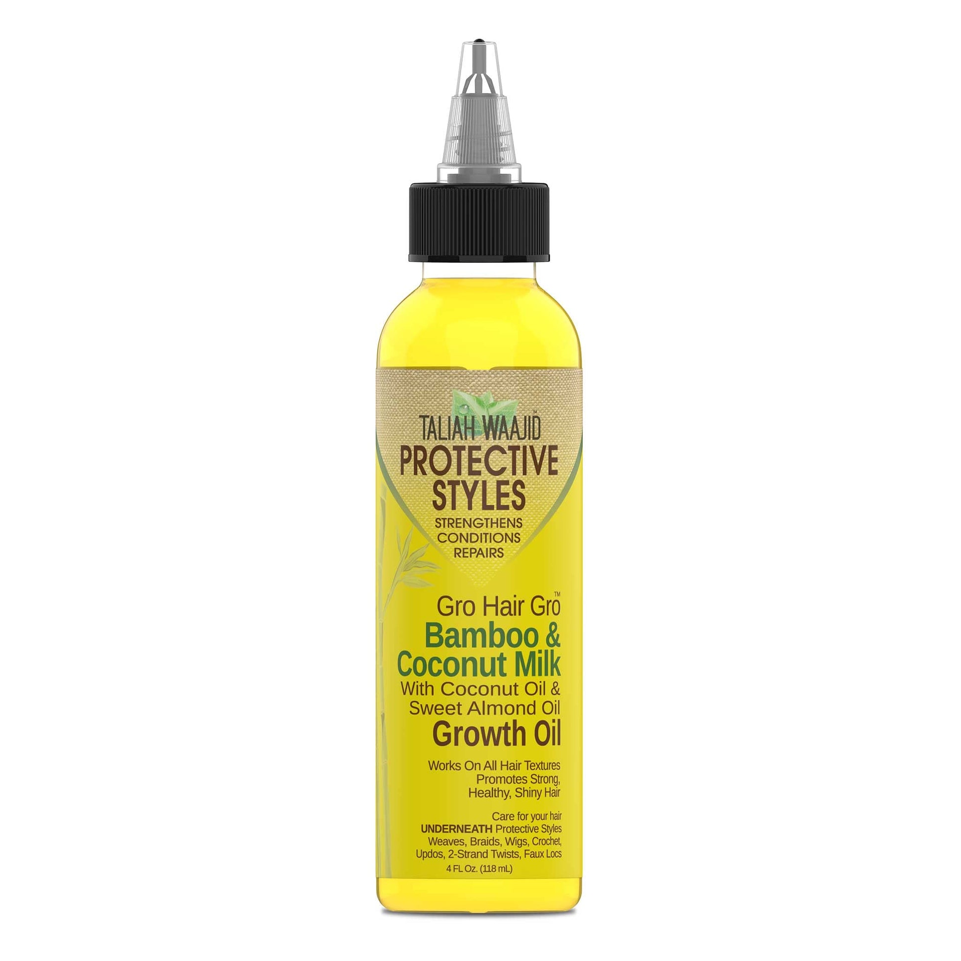 Taliah Waajid intensive growth blend bottle showcasing directions and information for repairing damaged hair textures.