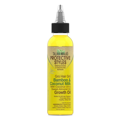 Taliah Waajid intensive growth blend bottle showcasing directions and information for repairing damaged hair textures.
