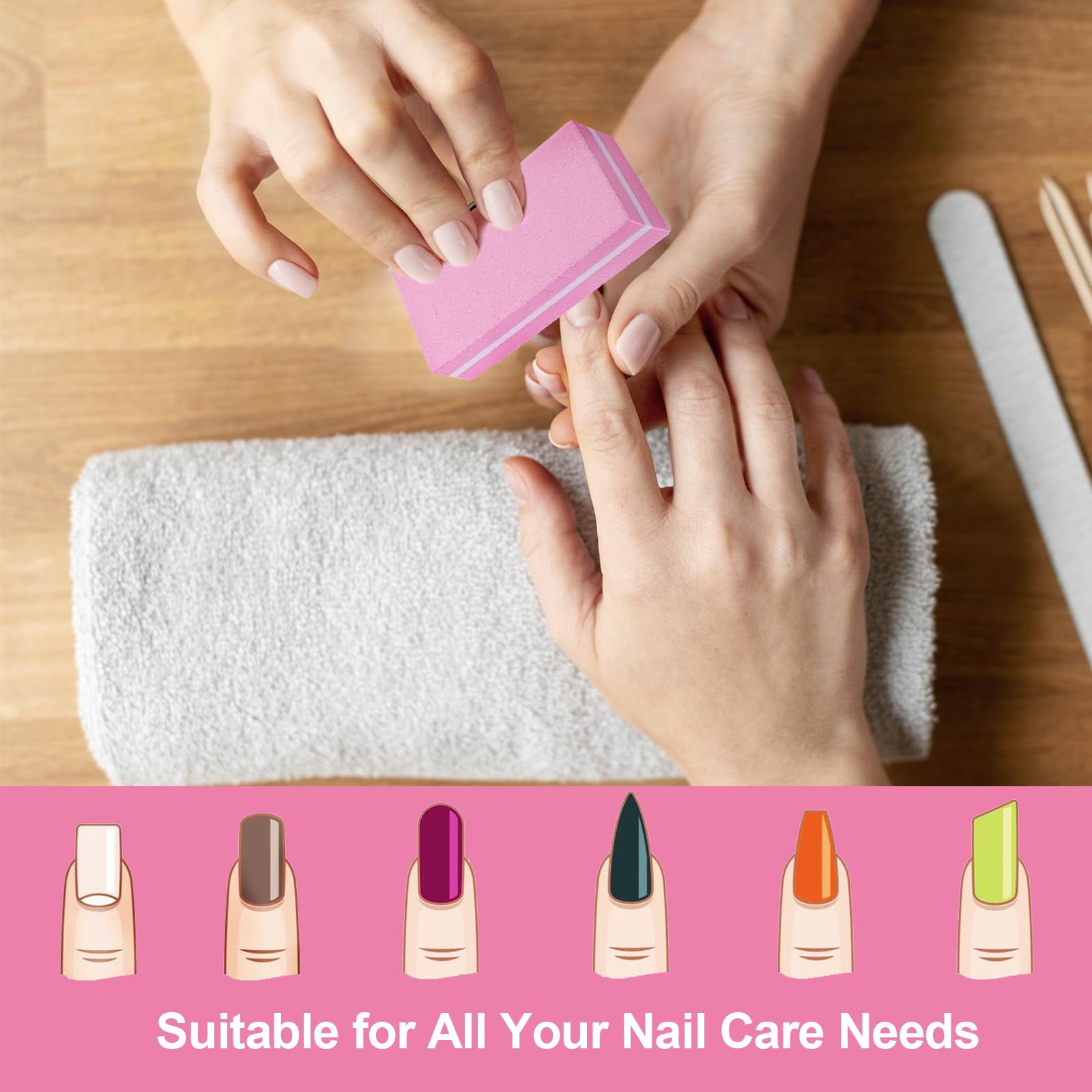 Pink dual sided nail buffer blocks showing texture
