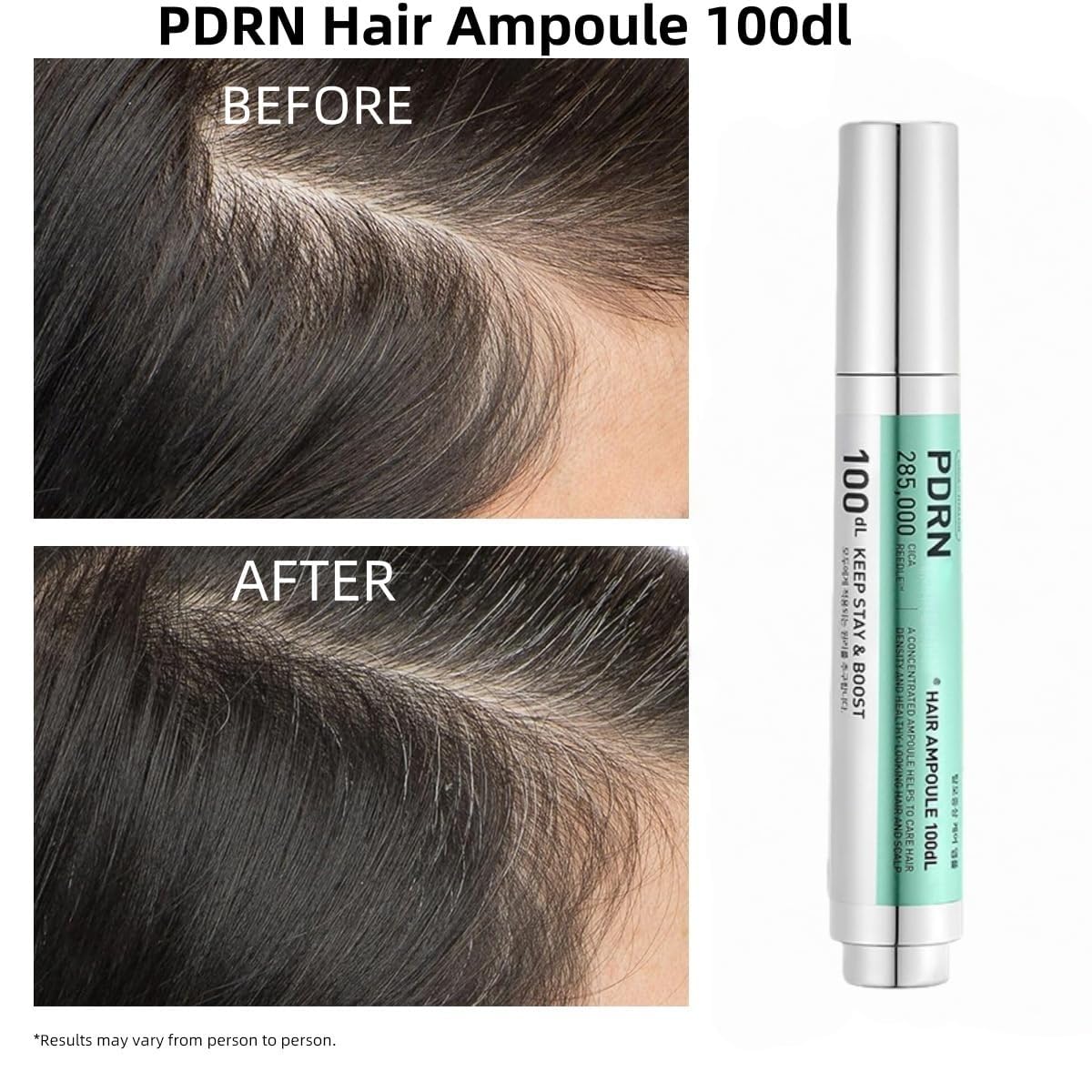 Side view of two VT Cosmetics hair ampoules displaying full product labels and usage safety details