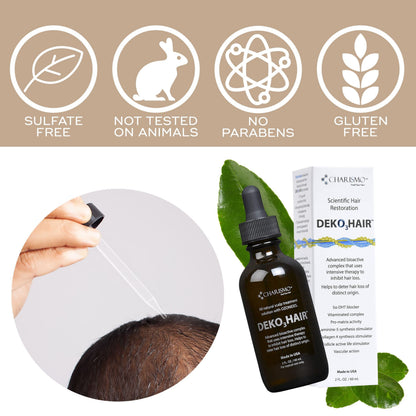 Advanced hair density treatment bottle illustrating authentic quality seals