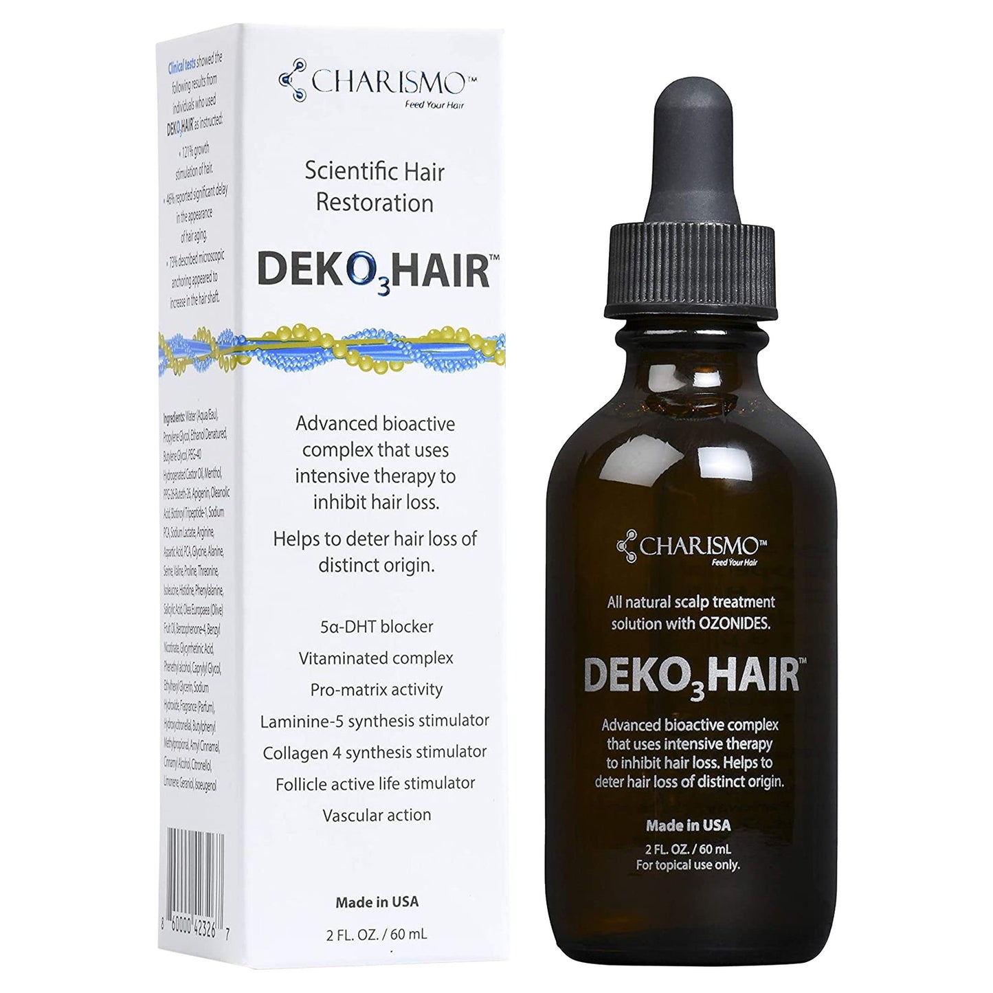 Charismo Dekohair two fluid ounce hair loss prevention serum packaging