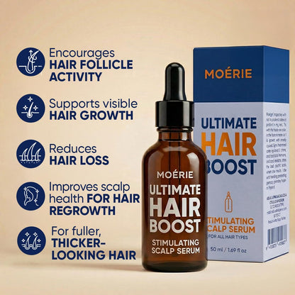 Moerie Ultimate Hair Growth Scalp Serum bottle showing key ingredients including biotin and caffeine