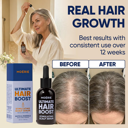 Moerie hair thinning treatment liquid texture demonstration being applied to the scalp